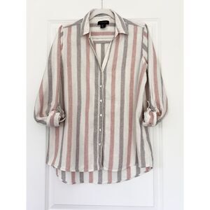 Tahari Linen Blend Striped Button Down Shirt Womens Large Pink Gray Coastal